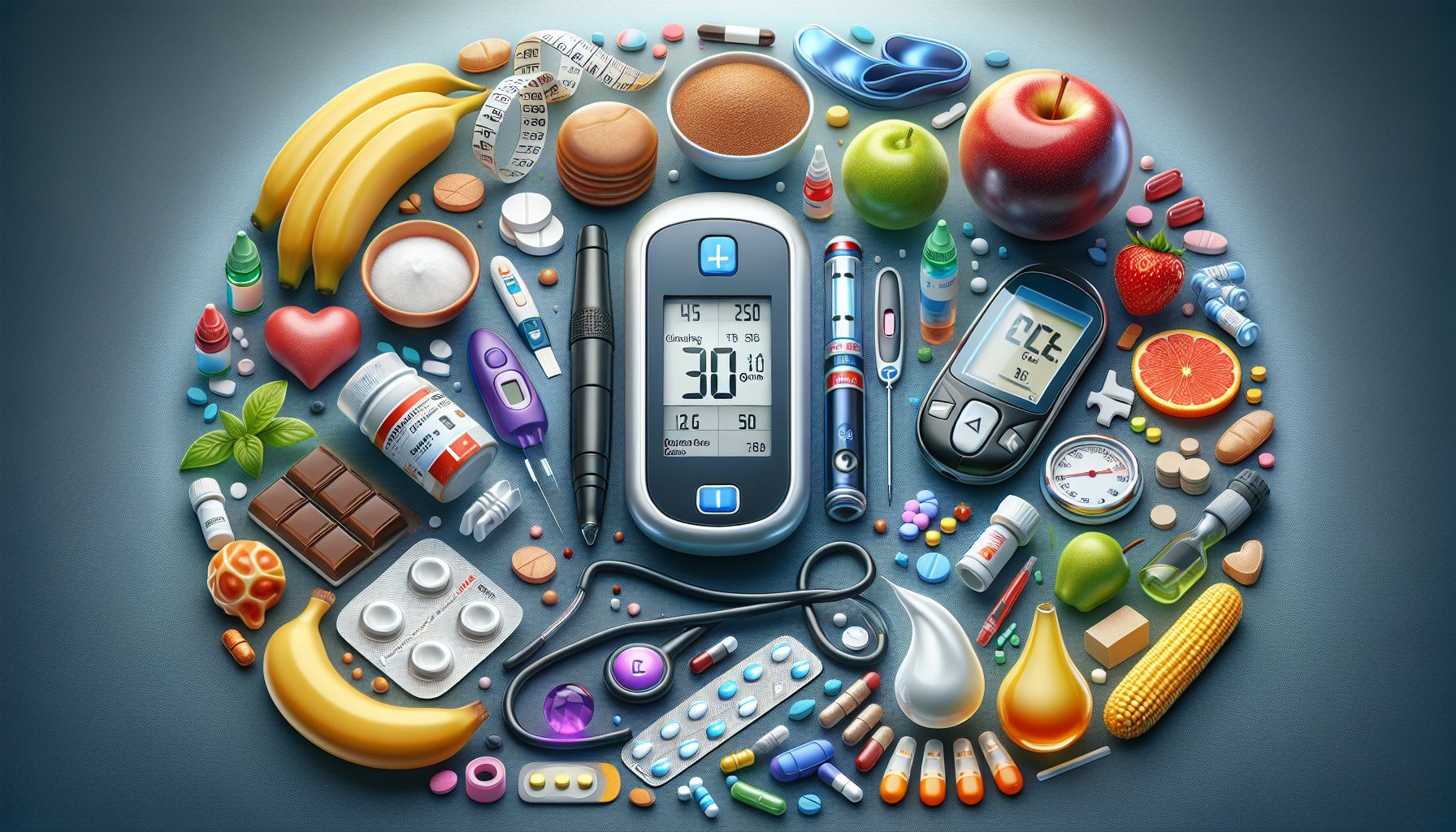 Image of various diabetes medications including insulin and oral pills